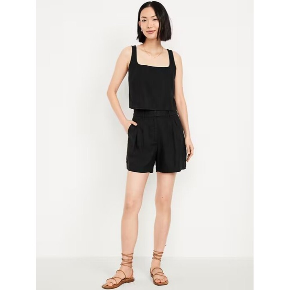 Old Navy Linen-Blend Taylor Trouser Shorts Womens S Black Pleated Adj Waist NEW